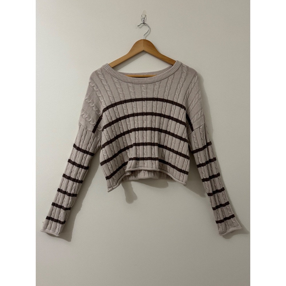 Pink Rose Cable Knit Striped‎ Cropped Sweater Beige Brown Long Sleeve Size L - Picture 3 of 8